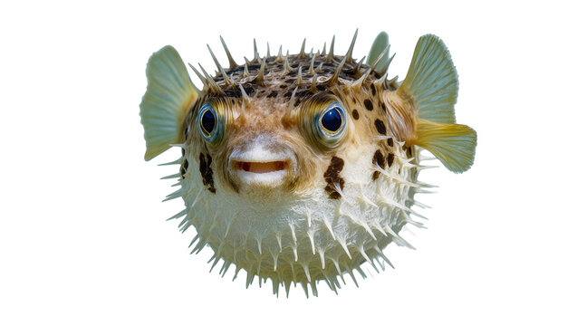 Isolated porcupinefish with extended spines, a unique marine animal looking directly forward.