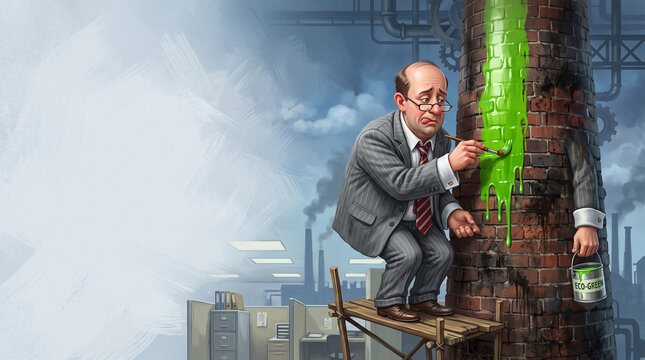 Funny Corporate Executive Painting Smokestack Green Representing ESG Greenwashing Business Concept