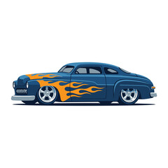 Fototapeta premium Vintage Blue Hot Rod Car with Orange Flames, Classic Custom Auto