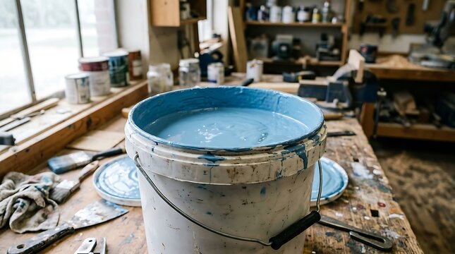 Open bucket of blue paint sitting on a messy wooden workbench in a professional home renovation workshop. 5 gallon bucket
