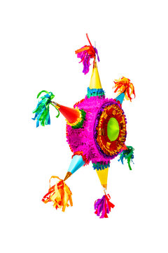 Pinata in the shape of a star on isolated background. Rainbow-colored paper handmade Pi&ntilde;ata toy for a birthday party Mexican style.