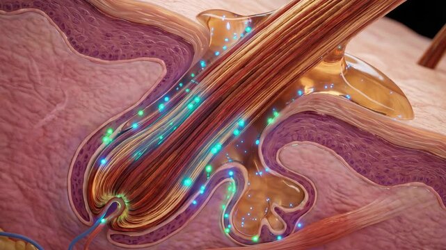 Microscopic cross-section of healthy hair follicle absorbing nourishing serum, vibrant keratin fibers, scientific dermatology visualization, 4K video
