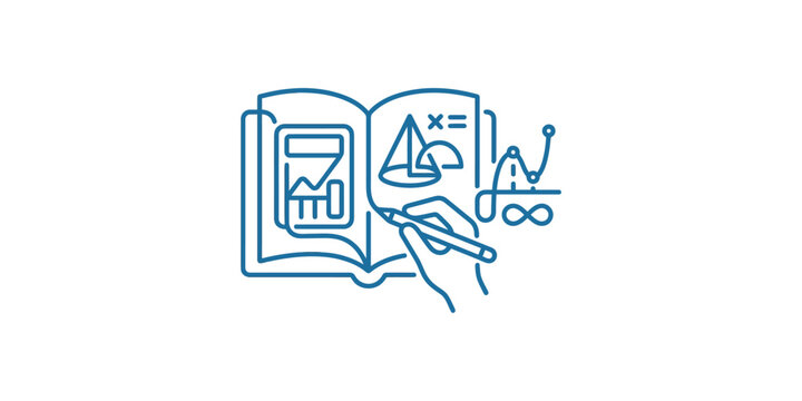 Line art illustration of a hand drawing mathematical equations in a notebook.