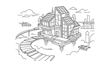 Naklejka premium Futuristic floating house with solar panels and modern architecture line art illustration.