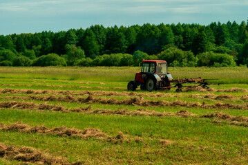 Fototapeta premium Tractor works on a field in summer to prepare hay while trees stand in the background