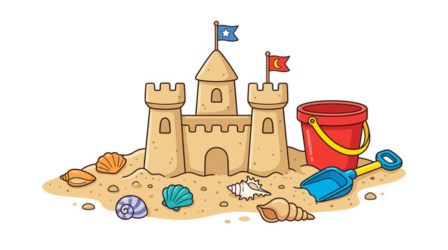 Hand drawn illustration of a sandcastle with beach toys and seashells.