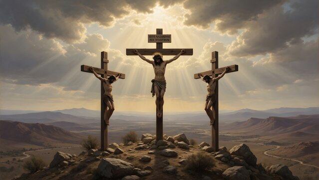 Subject: The image depicts Jesus being crucified between two thieves on Golgotha as the fulfillment of divine promise, Environment: sacred summit surrounded by timeless biblical landscape and distant 