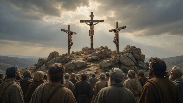 Subject: The image depicts Jesus being crucified between two thieves on Golgotha viewed from among gathered pilgrims reflecting shared human experience, Environment: sacred gathering place with layere
