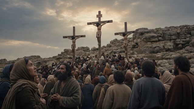 Subject: The image depicts Jesus being crucified between two thieves on Golgotha viewed from among gathered pilgrims reflecting shared human experience, Environment: sacred gathering place with layere