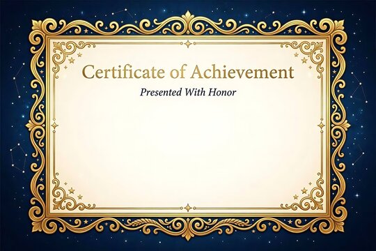 Whimsical celestial certificate background with starry night midnight blue gradient and gold cloud frame