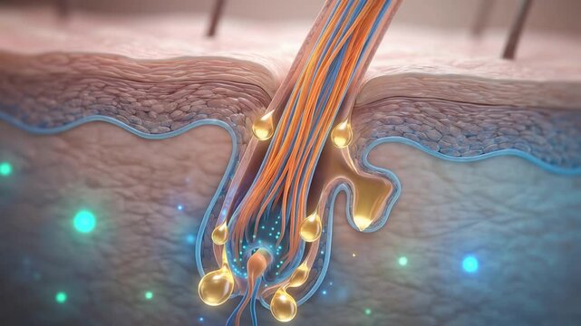 Microscopic cross-section of healthy hair follicle absorbing nourishing serum, vibrant keratin fibers, scientific dermatology visualization, 4K video
