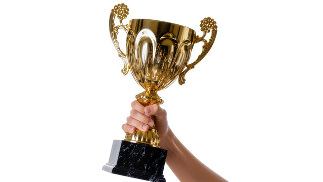 Isolated hand holding shiny golden award trophy for victory and success in competition