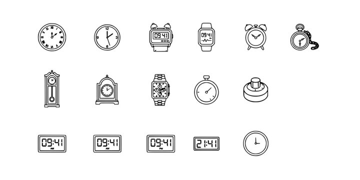 Clocks in Various Styles and Designs, Including Analog and Digital Formats, Showcasing Different Timepieces