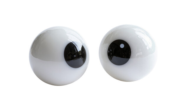 Isolated pair of googly eyes with reflections, shiny plastic toy parts, white and black.
