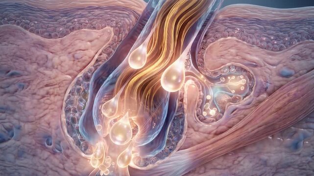 Microscopic cross-section of healthy hair follicle absorbing nourishing serum, vibrant keratin fibers, scientific dermatology visualization, 4K video