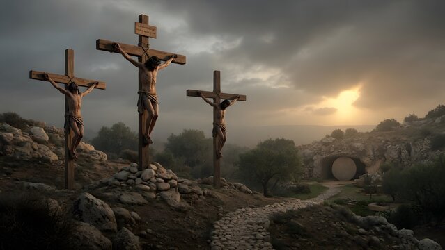Subject: The image depicts Jesus being crucified between two thieves on Golgotha foreshadowing resurrection hope beyond the present agony, Environment: solemn crucifixion hill with subtle symbolic pat
