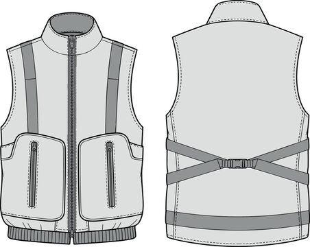 Art & IllVector technical fashion illustration of a utility vest featuring zipper front, functional cargo pockets, ribbed hem, and adjustable back strap with buckle detail sketch.ustration