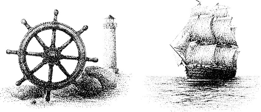 Classic ship wheel beside lighthouse and full rigged sailing ship black and white stipple artwork for nautical wallpaper and maritime design use