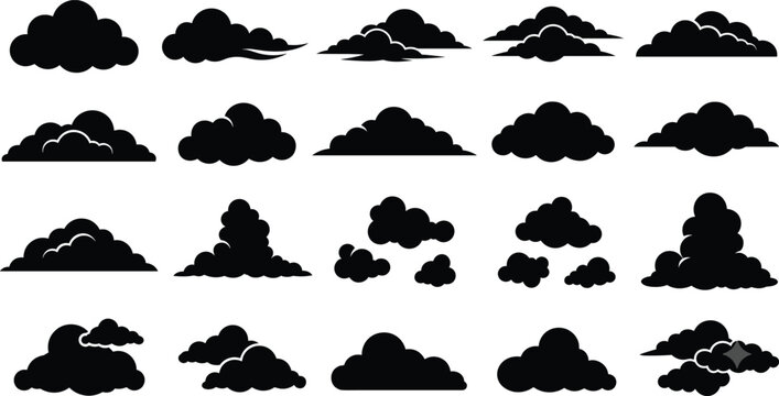 Black cloud silhouettes set with various weather shapes and cartoon comic sky elements isolated on white background
