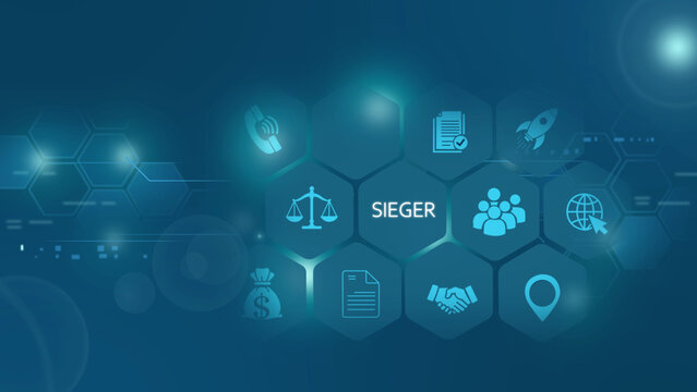 Business victory and success concept with the german word sieger, surrounded by glowing blue hexagonal representing achievement, growth, and corporate leadership on a dark background