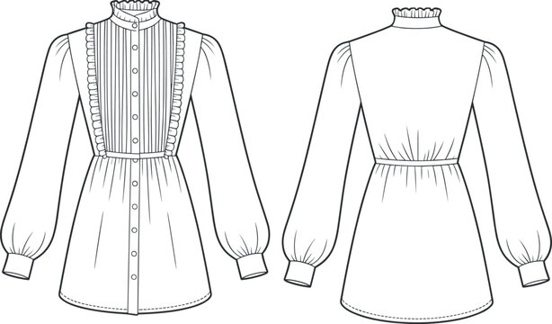 Art &Vector technical fashion illustration of women's long sleeve mini dress featuring a ruffled high neck, pleated bodice detail, and button down front sketch. Illustration