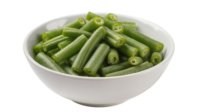 Isolated fresh green beans cut into pieces, served in a white bowl, healthy ingredient for cooking.