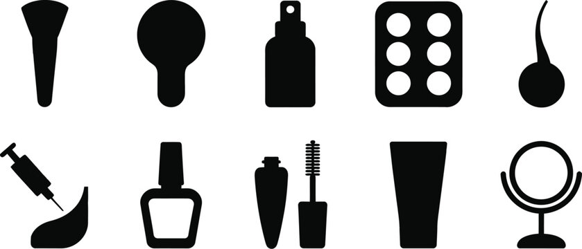 Makeup and cosmetics silhouette icon set featuring brush spray bottle eyeshadow palette nail polish mascara mirror and skincare cream vector.