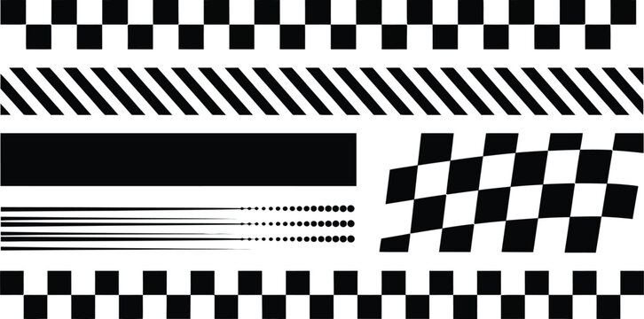 Racing flag silhouette vector set featuring sport checkered borders speed stripes and dynamic car tuning stripes elements for wrap design.