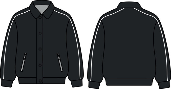 AVector technical flat sketch of a black varsity bomber jacket with white stripes, streetwear fashion design mockup template for apparel product tech packs.rt & Illustration
