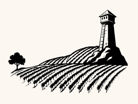 Black and white illustration of a vineyard with a watchtower and tree on a hill