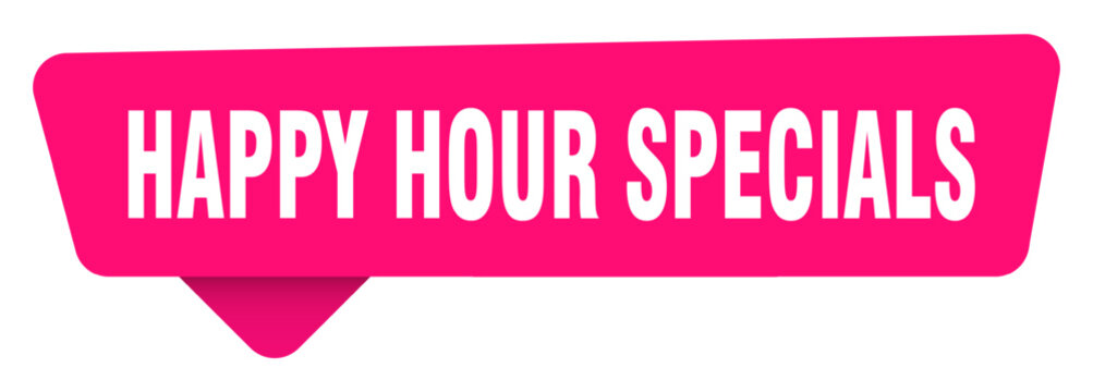 happy hour specials magenta sticker isolated on transpatent background. happy hour specials sign