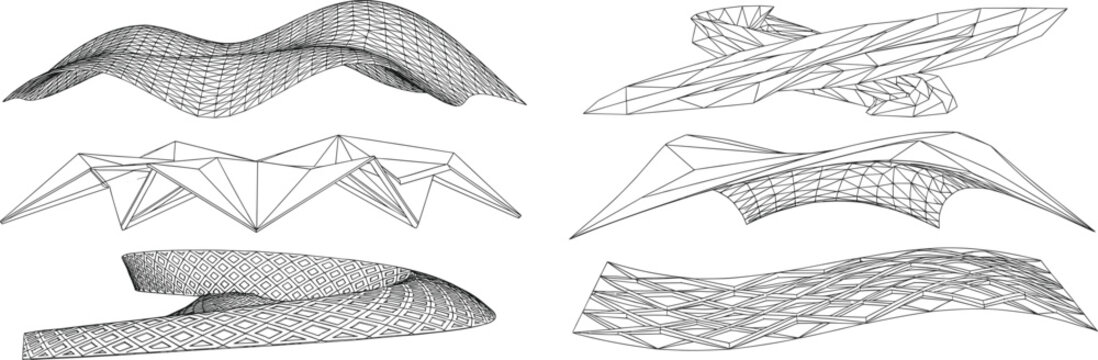 Futuristic parametric architecture concepts set with 3D mesh structures and organic canopy designs