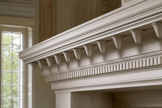 Classical architecture cornice featuring conical guttae details under soft window light.