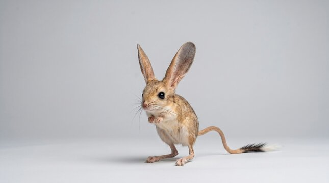 Extremely rare long-eared jerboa standing on a grey background.