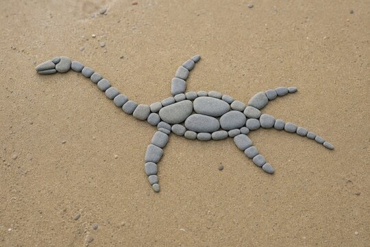Outline of a plesiosaur made from grey river stones on a sandy beach.