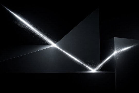 A streaking silver light trail on a dark background with geometric shapes.