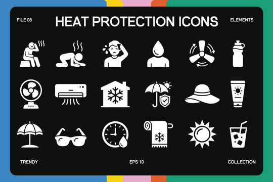 Heat Protection Summer Safety Icons Collection, Heat stroke symptoms and prevention icons set.
