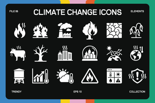 Climate change environmental disaster icons collection for sustainability, Collection of weather and climate change icons representing extreme weather events.