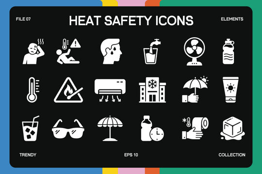 Heat Safety Protection Icons Collection For Summer, Heatstroke symptoms and sun safety prevention icon set.