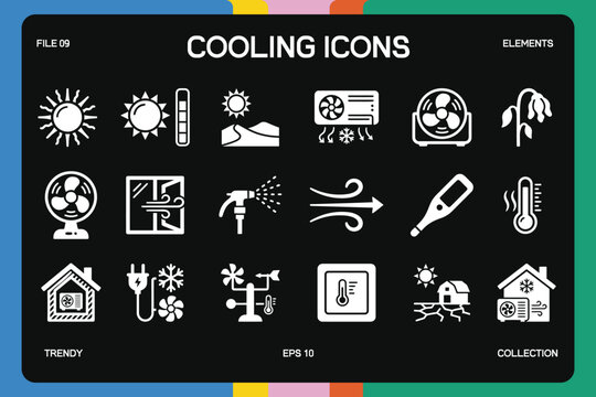 Cooling Icons Climate Control Vector Collection, Black glyph icon set for heating and air conditioning systems, featuring pictograms for temperature, airflow, cooling