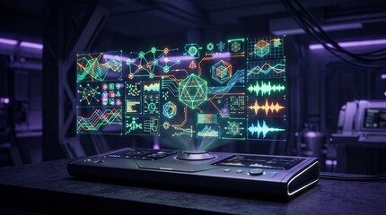Fototapeta premium A sleek sci-fi console projecting a vibrant multi-colored hologram filled with complex geometric data and sound wave charts.