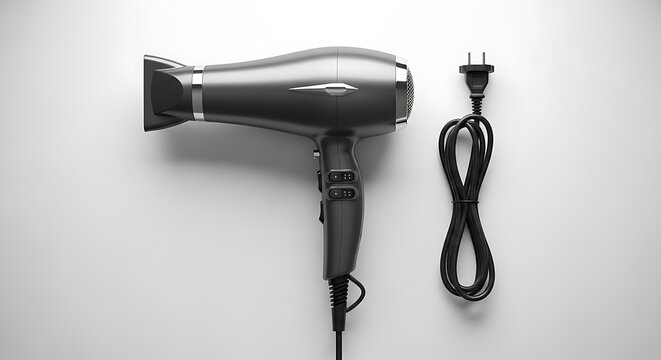 Gray Electric Hair Dryer with Coiled Power Cord on White Surface