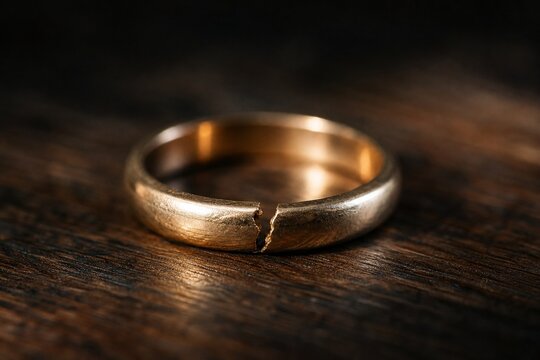 A broken wedding ring lies on wood with a visible crack and side lighting.
