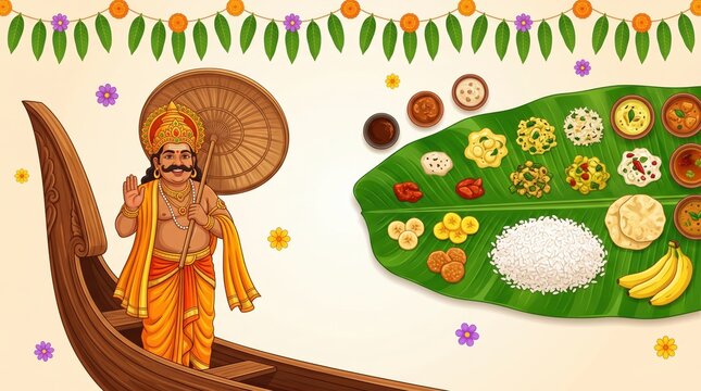 King mahabali standing on traditional kerala snake boat with onam sadya feast served on green banana onam festival
