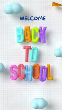 WELCOME BACK TO SCHOOL text in colorful 3D letters with fluffy cloud decorations on a grid background, perfect for educational themes.