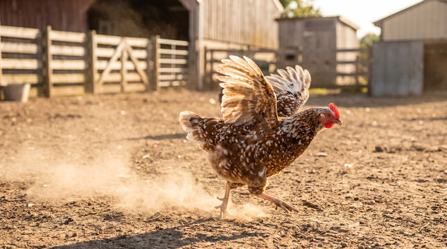 Hen running playfully across farmyard kicking up dust with spread wings during golden hour
