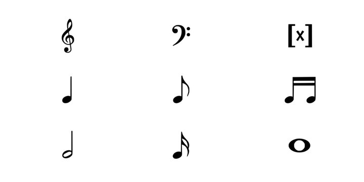 Musical Notes and Clefs Arranged in a 3x3 Grid Featuring Treble, Bass, Symbols with Music and Notation Elements for Sheet, Music