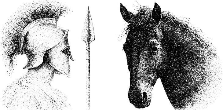 Trojan warrior helmet and spear with horse head stippling engraving for historical poster and background design