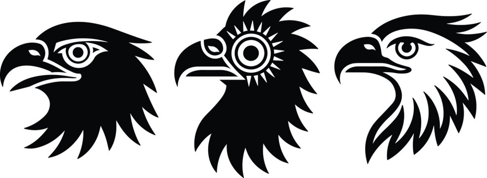 Tribal Style Eagle Head Black Silhouette Vector Set with Native American Inspired Hawk and Falcon Profiles for Mascot Logo and Tattoo Designs