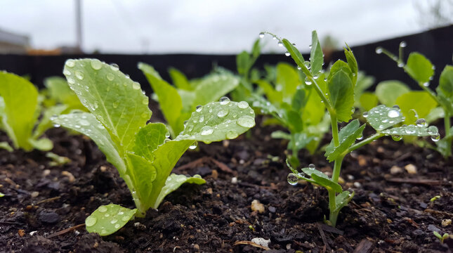 Green vegetable garden growing seedlings covered in water drops, showing a vibrant scene of fresh organic produce